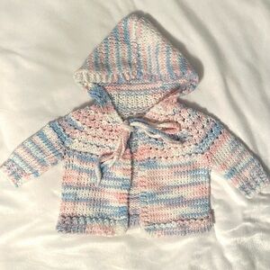 Handmade Knit Crochet Open Cardigan Sweater Hooded Baby Girl 18M pink blue white